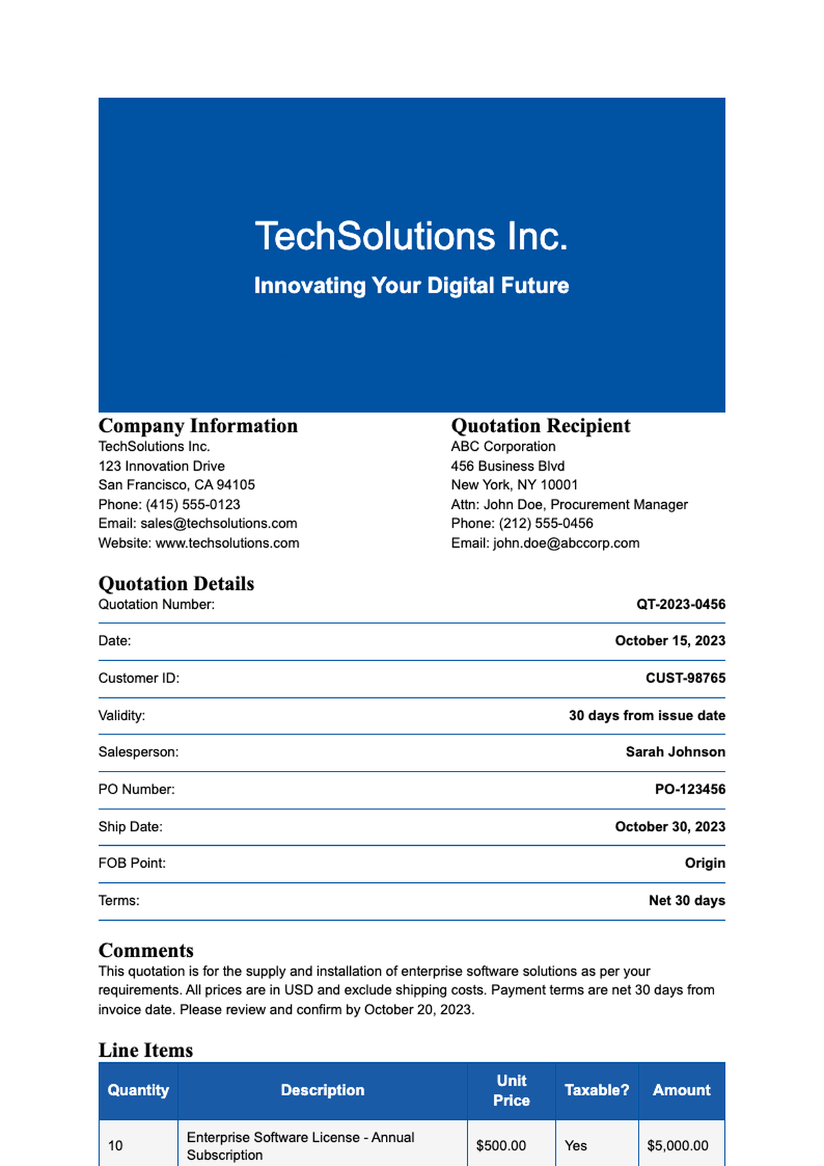 Professional blue themed quotation template with itemized pricing and tax calculation_variant_3